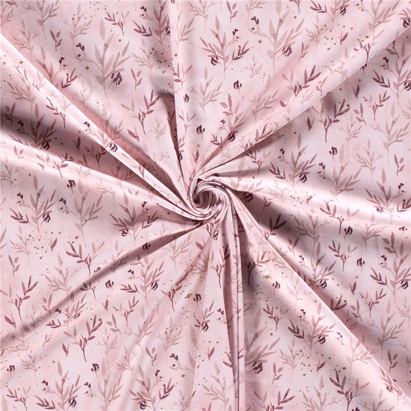 JERSEY BAWEŁNIANY CYFRA LIŚCIE LIGHT PINK
