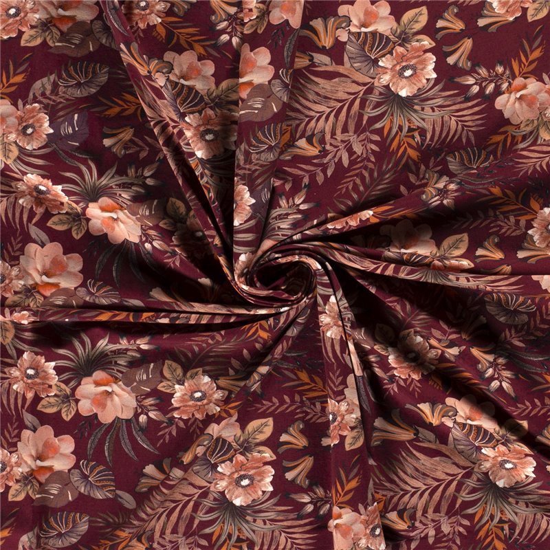 JERSEY BAWEŁNIANY CYFRA KWIATY BORDEAUX BORDEAUX